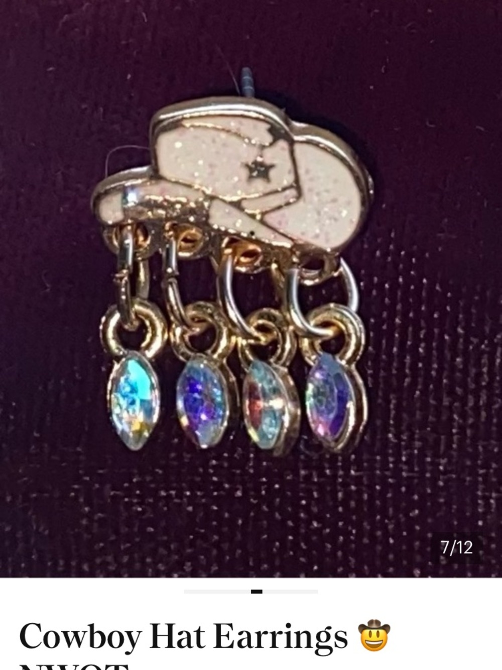 Sparkling Cream Cowboy Hat Dangle Earrings with Iridescent Drops